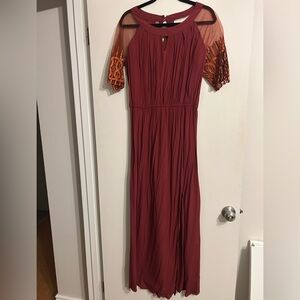 Burgundy Maxi Dress with Lace Sleeves